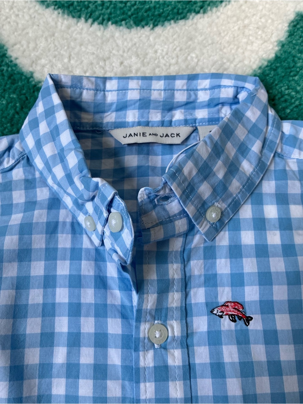 NWT - Janie and Jack Embroidered Fish Gingham Shirt (Blue/White) Size 8 - Picture 3 of 9